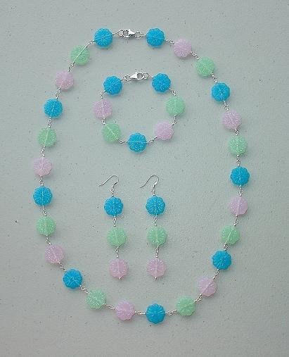 FLORAL~PASTEL~STERLING SILVER~NECKLACE~BRACELET~EARRING SET