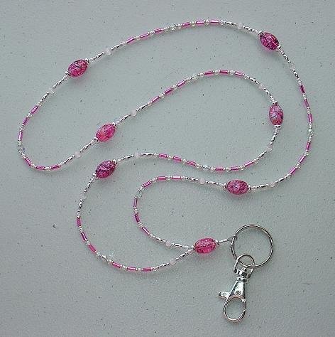FUCHIA~PINK CATS EYE~BEADED LANYARD~ID BADGE HOLDER~LANYARD