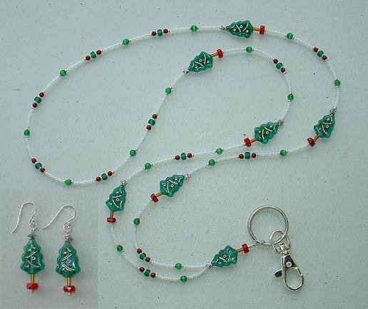 BEAUTIFUL CHRISTMAS TREE~BEADED LANYARD~ID BADGE HOLDER~LANYARD & EARRING SET