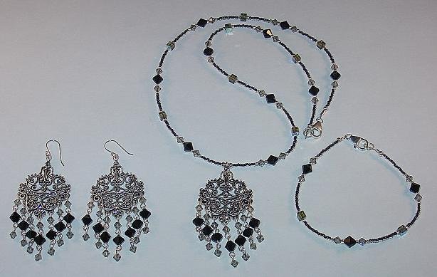 SWAROVSKI BLACK & BLACK DIAMOND~FILLIGREE~STERLING SILVER~NECKLACE~BRACELET~EARRINGS~SET