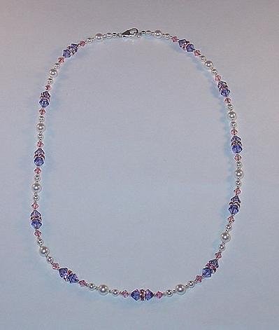 BEAUTIFUL SWAROVSKI TANZANITE & LIGHT ROSE, PEARL, STERLING SILVER NECKLACE