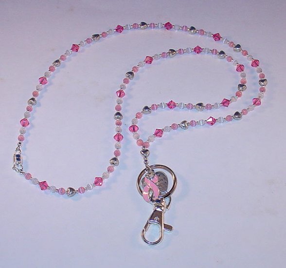 BREAST CANCER AWARENESS~SWAROVSKI~STERLING~MAGNETIC CLASP~BEADED LANYARD~ID BADGE HOLDER~LANYARD