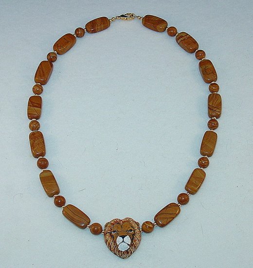 LIONS HEAD~WOOD JASPER~14KT GP NECKLACE