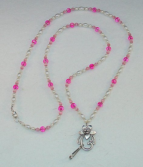 BEAUTIFUL FUCHIA~PINK CATS EYE~PEARL~BEADED LANYARD~ID BADGE HOLDER~LANYARD~BREAK-AWAY