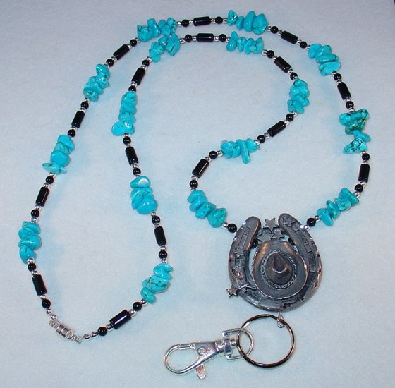 WESTERN COWBOY HAT & HORSESHOE~PEWTER~BEADED LANYARD~ID BADGE HOLDER~LANYARD~BREAK AWAY