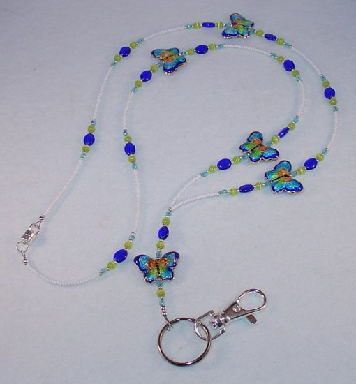 CHINESE CLOISONNE~BLUE BUTTERFLIES~BEADED LAYARD~ID BADGE HOLDER~LANYARD~BREAK AWAY