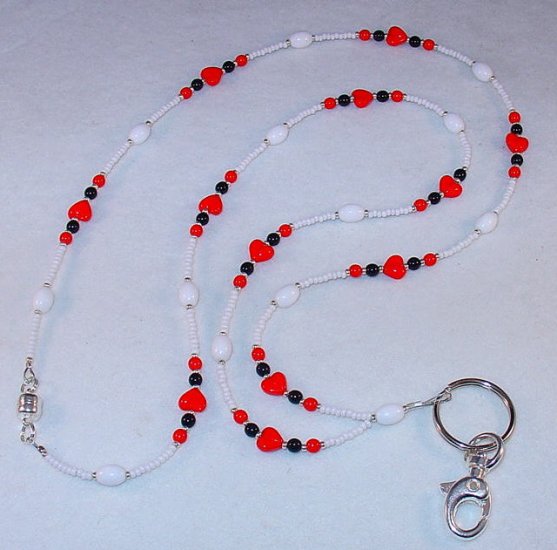 RED HEARTS~BEADED LANYARD~ID BADGE HOLDER~LANYARD~BREAK AWAY