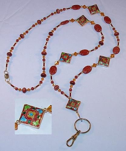 CLOISONNE WITH BUTTERFLIES~BROWN STONE~SWAROVSKI~BEADED LANYARD~ID BADGE HOLDER~LANYARD~BREAK AWAY