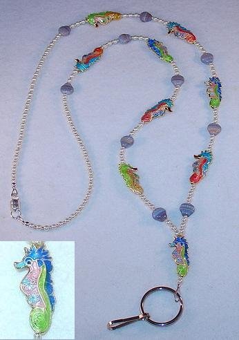 UNDER WATER PARADISE~CLOISONNE SEA HORSES~BEADED LANYARD~ID BADGE HOLDER~LANYARD~BREAK AWAY