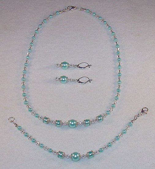 AQUA GLASS PEARL~SWAROVSKI~NECKLACE~BRACELET~EARRING~SET