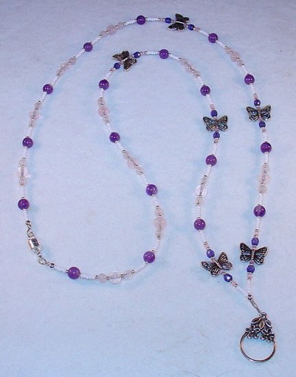 ROSE QUARTZ~AMETHYST~GEMSTONE~BUTTERFLY~BEADED LANYARD~ID BADGE HOLDER~LANYARD~BREAK AWAY