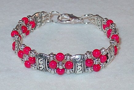 HOT PINK FOSSIL~TIBET SILVER BRACELET