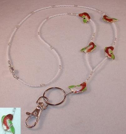 CLOISONNE~RED, GREEN & WHITE BASS FISH LANYARD~ID BADGE HOLDER~BREAK AWAY