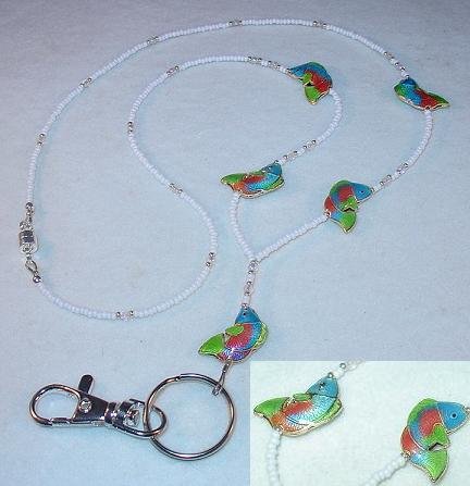 CLOISONNE~PINK, AQUA & GREEN BASS FISH LANYARD~ID BADGE HOLDER~BREAK AWAY