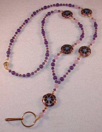CLOISONNE AMETHYST & BLUE FLOWER~MOUNTAIN JADE~SWAROVSKI BEADED LANYARD~ID BADGE HOLDER~BREAK AWAY
