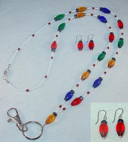 X-MAS TREE LIGHTS SET~BEADED LANYARD~ID BADGE HOLDER~LANYARD~BREAK AWAY & EARRINGS