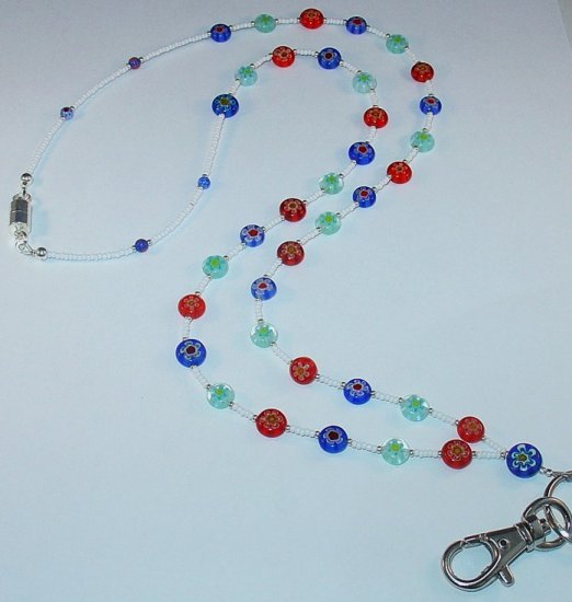 MULTI-COLORED MILLEFIORI FLOWER~BEADED LANYARD~ID BADGE HOLDER~LANYARD~BREAK~AWAY