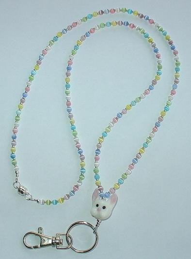 EASTER PASTEL CATS EYE & BUNNY~BEADED LANYARD~ID BADGE HOLDER~LANYARD~BREAK AWAY