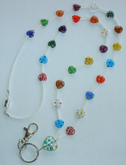 HEART MILLEFIORI~BEADED LANYARD~ID BADGE HOLDER~LANYARD~BREAK~AWAY
