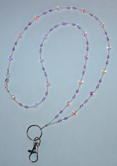 CRYSTAL AB HEARTS~LAVENDER~BEADED LANYARD~ID BADGE HOLDER~LANYARD~BREAK~AWAY