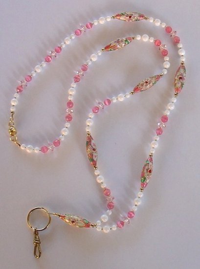 PINK CLOISONNE~WHITE MOUNTAIN JADE~BEADED LANYARD~ID BADGE HOLDER~LANYARD~BREAK~AWAY