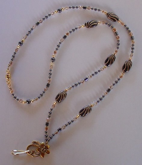 BEAUTIFUL ETCHED HEMATITE OVAL~BEADED LANYARD~ID BADGE HOLDER~LANYARD~BREAK~AWAY