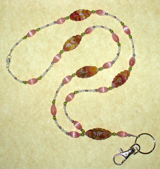 UNIQUE SCALLOPED PINK MAUVE CREAM~BEADED LANYARD~ID BADGE HOLDER~LANYARD~BREAK~AWAY