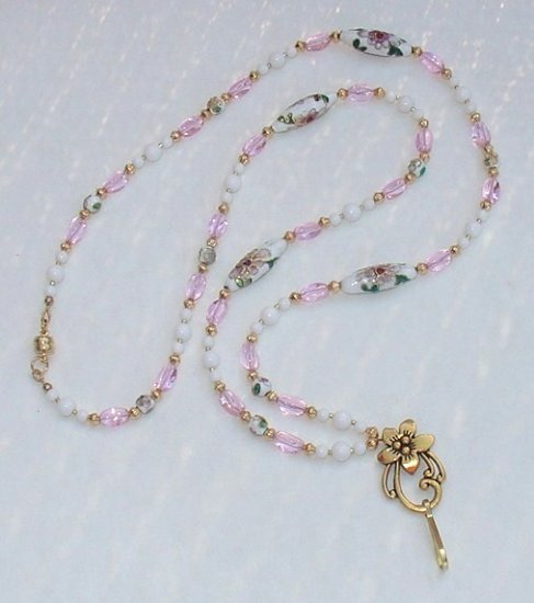 WHITE CLOISONNE~WHITE MOUNTAIN JADE~BEADED LANYARD~ID BADGE HOLDER~LANYARD~BREAK~AWAY
