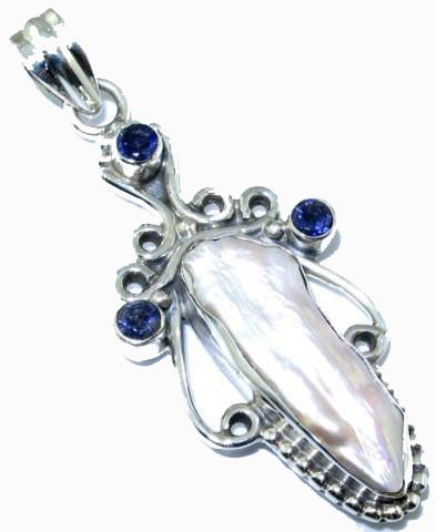 Pendant - biwa stick pearl and iolite