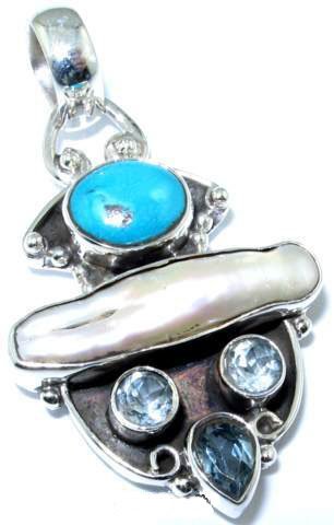 Pendant - Turquoise, Biwa Pearl and Blue Topaz