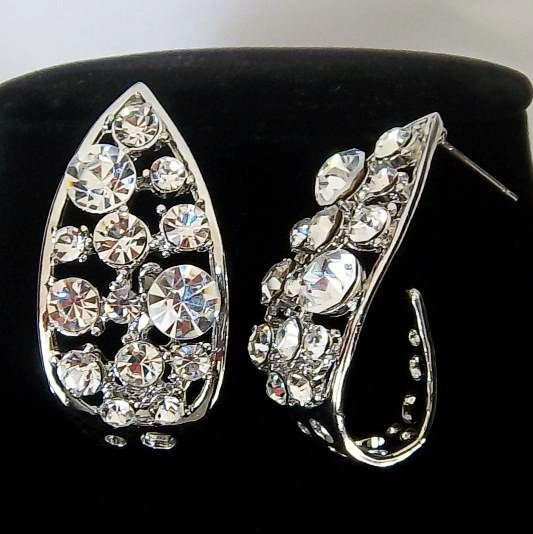 Platinum Plated Crystal Pave Tear Drop Looking Stud Design Vintage Earrings