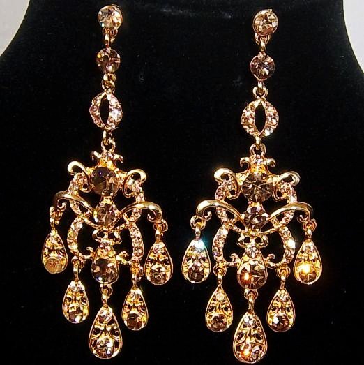 Gold Plated Crystal Pave Chandelier Design Vintage Look Dangle Earrings