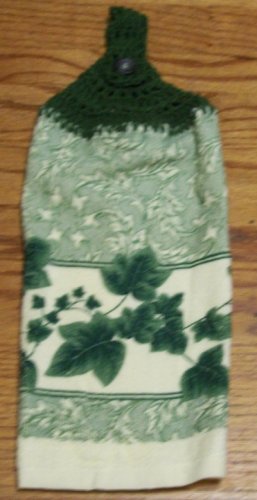 Green Leaves Kitchen Towel with Crocheted Green Top