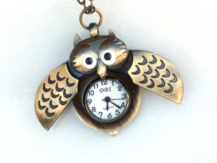 Steampunk - MIDNIGHT OWL Pocket Watch - Wings Open - Necklace - Antique Brass - GlazedBlackCherry