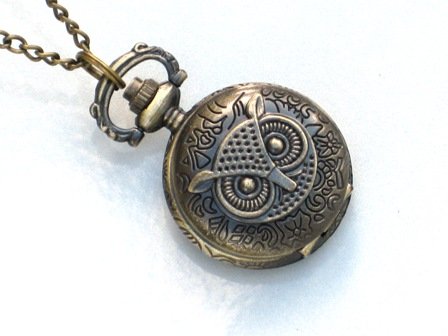 Steampunk - OWL POCKET WATCH - Necklace - Antique Brass - GlazedBlackCherry