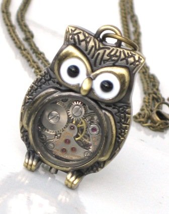 Steampunk - Time Flys MR OWL Pendant- Jeweled Watch Movement - Gears and Cogs - GlazedBlackCherry