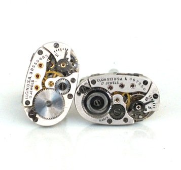 Steampunk ELGIN Watch Movement CUFFLINKS - Ruby Jewels - By GlazedBlackCherry