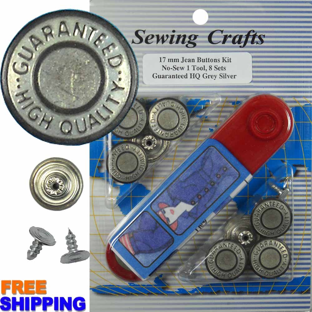 17mm GHQ Grey Silver Jean Buttons 8 Set with Tool