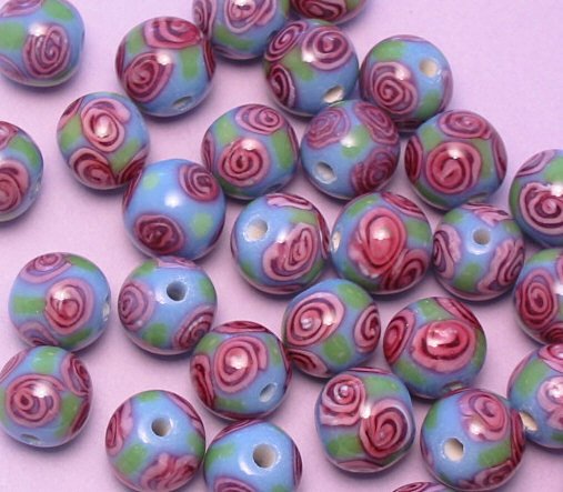 Pink Swirl Rose Blossom Round Glass Beads