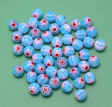 Aqua Blue Millefiori Round glass beads 8mm strand 50+
