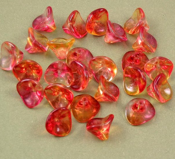 Glass Three Petal Flower Bead Fuschia and Lemon 20