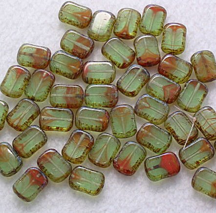 Peridot Picasso Czech Glass Table Cut Rectangle Beads 10