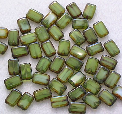 Green Picasso Czech Glass Rectangle Table Cut Window Beads