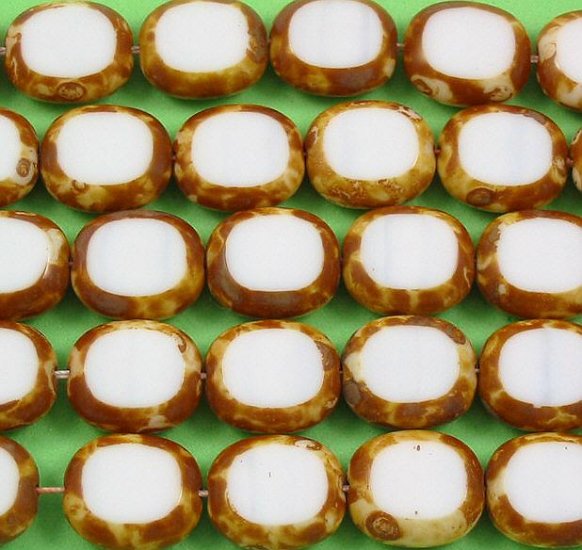 Oval Opaque White Czech glass window Picasso Beads