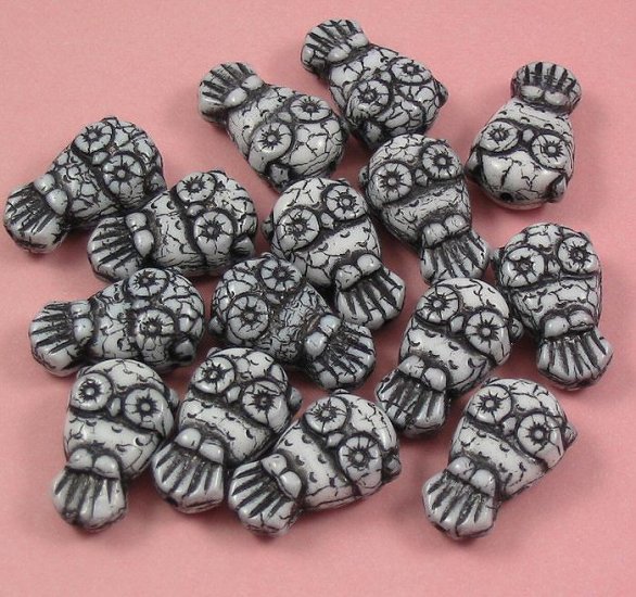 10 White with black Glass Owl beads
