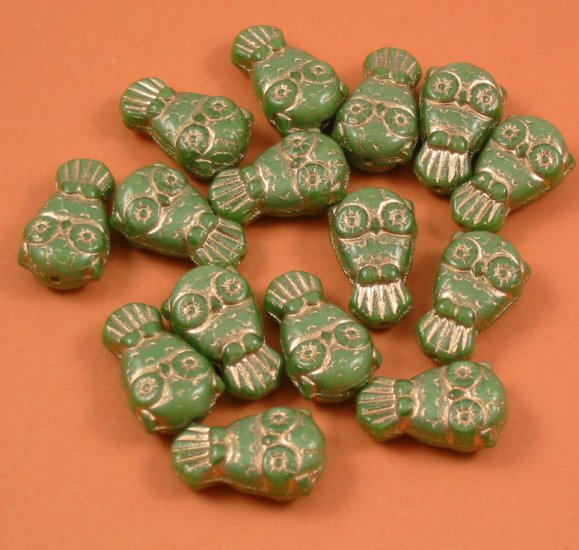 10 Czech Glass Owls Opaque Green