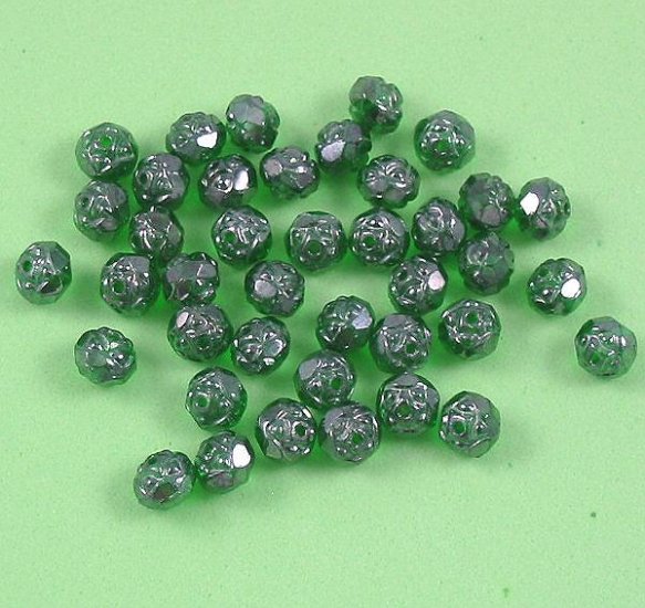 Czech Glass Rosebud Firepolish Beads Emerald green luster 20