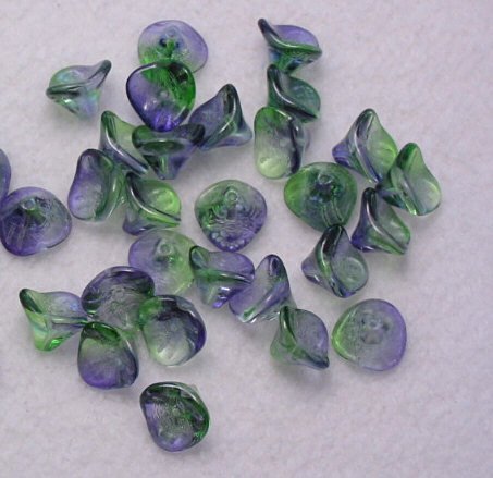Czech Glass Three Petal Flower Blueberry and Green 20