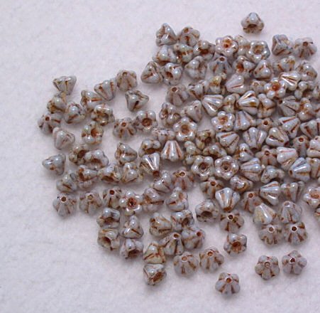 Czech Glass Baby Bell Flower Beads in green luster