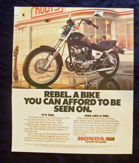 Vintage 1986 Black Honda Rebel Print Ad